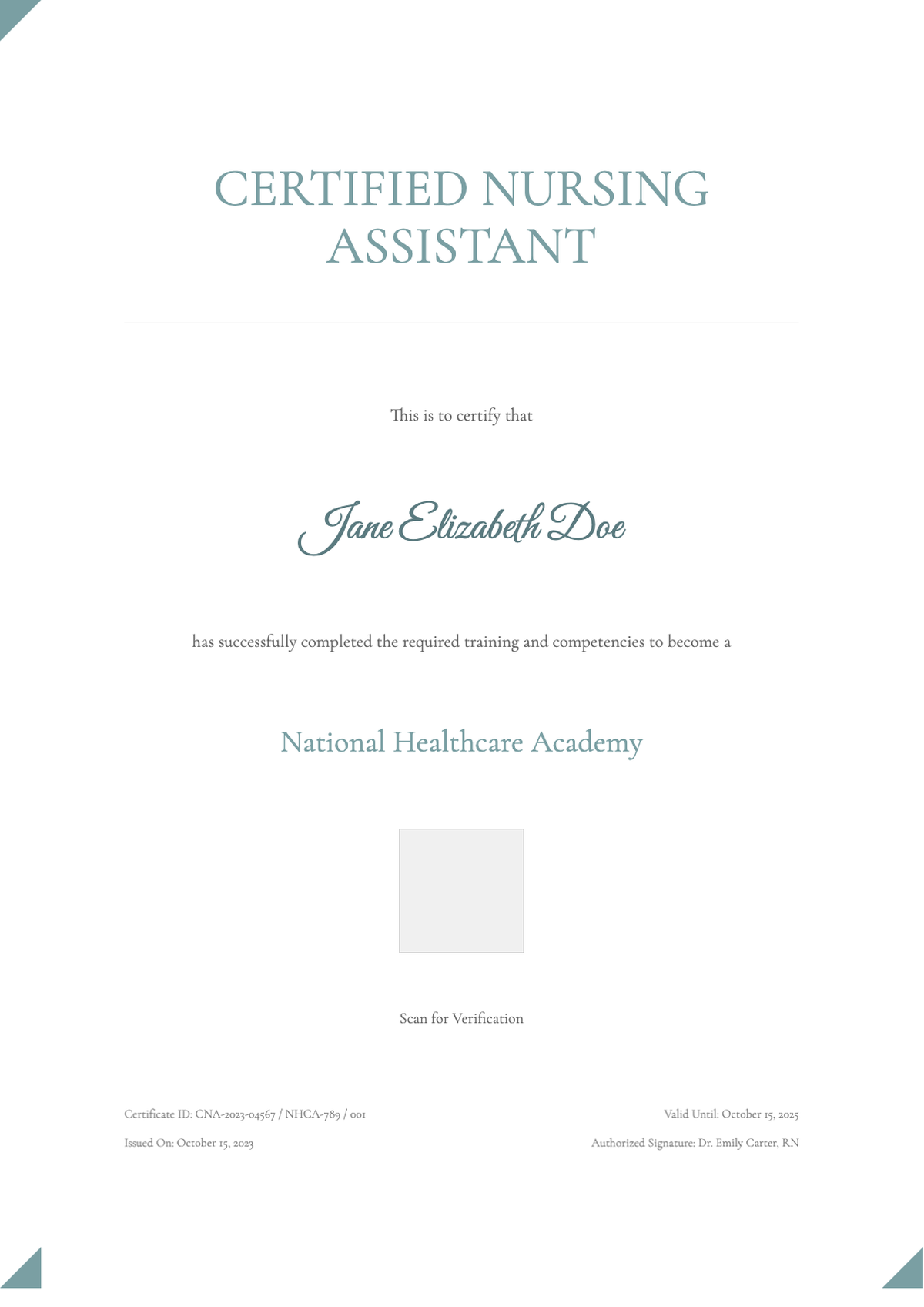 Certified Nursing Assistant Certificate for Emily Carter from Liberty School of Nursing Caregiving_variant_3